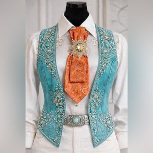 STUNNING Necktie Necklace OOAK Rich Salmon Starburst Rhinestone Brooch & Chain